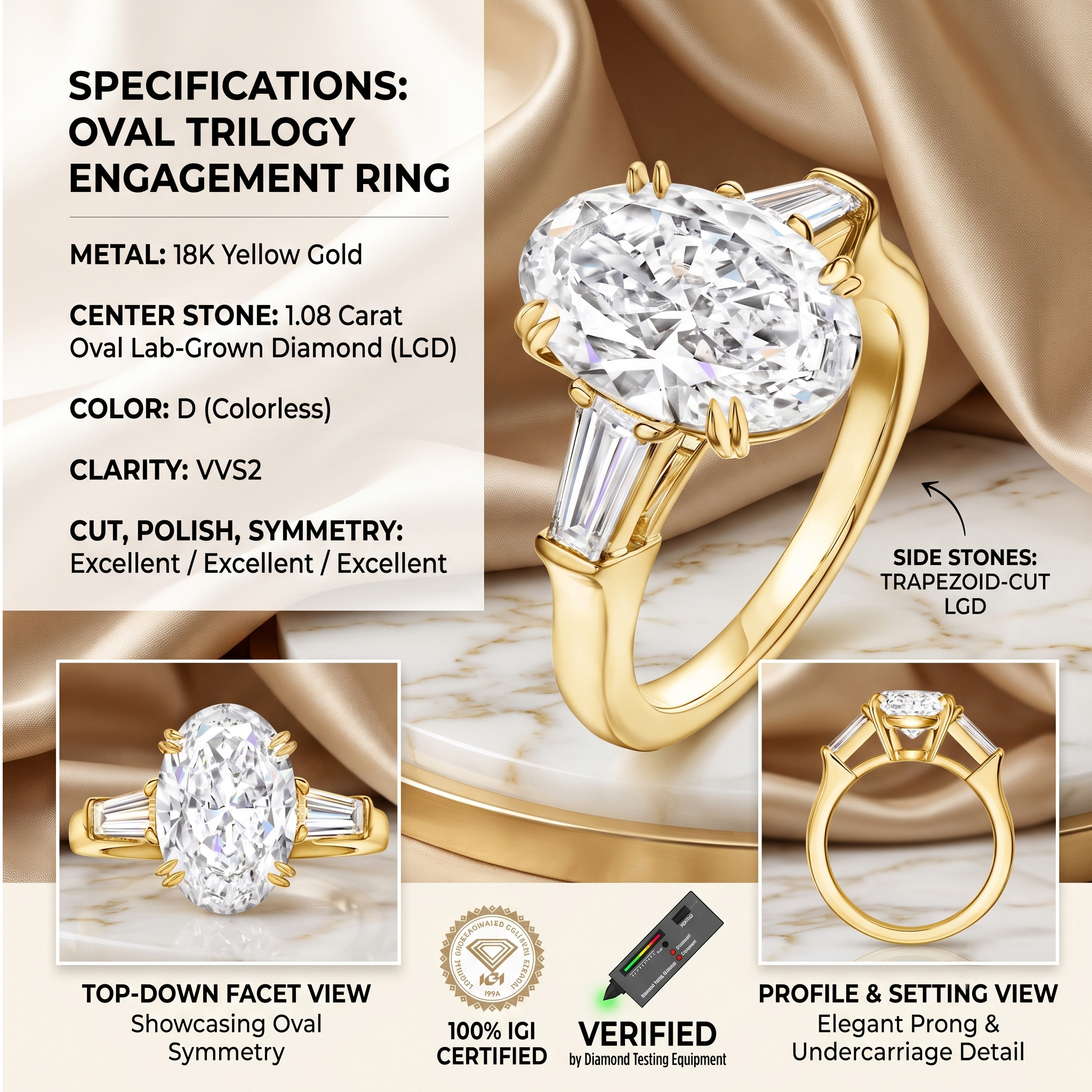 Detailed profile and top-down view of an 18K yellow gold oval trilogy engagement ring highlighting excellent cut, polish, and symmetry.