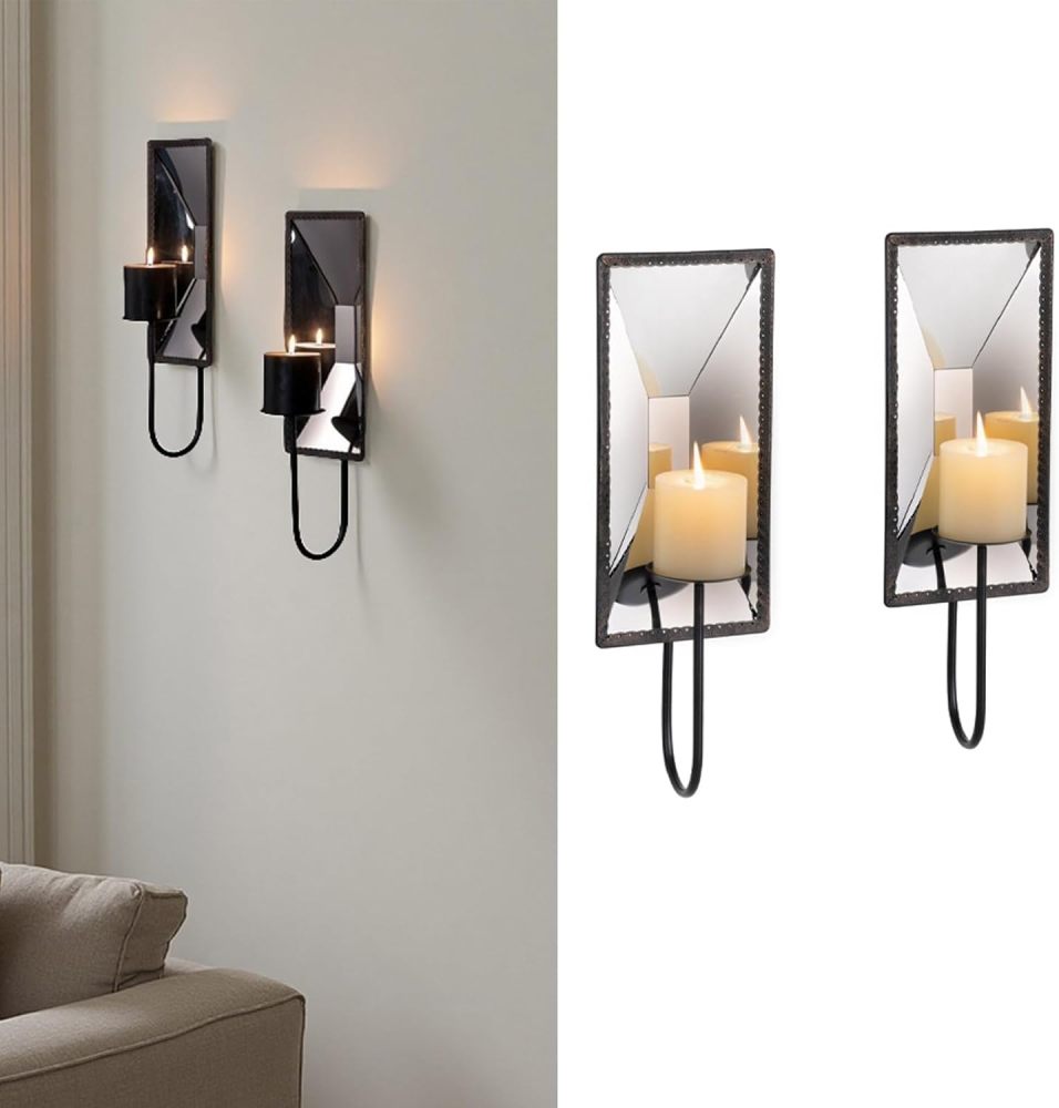 AIM & GGKK Wall Candle Sconce Holder Set of 2, Metal Mirror Candle Sconce Wall Mounted with Reflective Backplate – Rustic Farmhouse Modern Decor for Living Room, Dining Room, Hallway