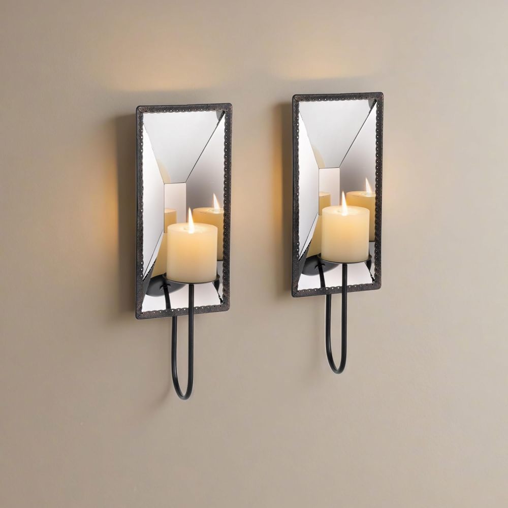 AIM & GGKK Wall Candle Sconce Holder Set of 2, Metal Mirror Candle Sconce Wall Mounted with Reflective Backplate – Rustic Farmhouse Modern Decor for Living Room, Dining Room, Hallway