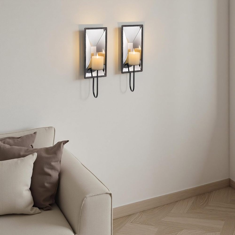 AIM & GGKK Wall Candle Sconce Holder Set of 2, Metal Mirror Candle Sconce Wall Mounted with Reflective Backplate – Rustic Farmhouse Modern Decor for Living Room, Dining Room, Hallway