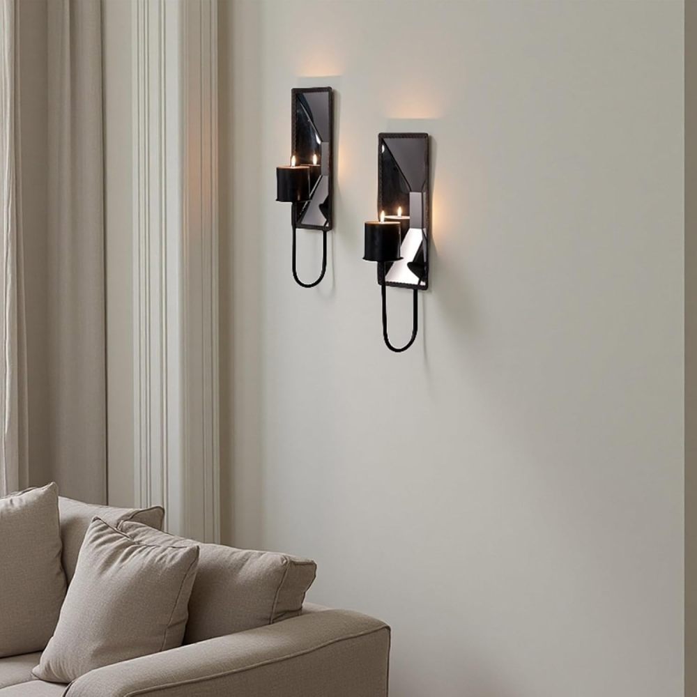 AIM & GGKK Wall Candle Sconce Holder Set of 2, Metal Mirror Candle Sconce Wall Mounted with Reflective Backplate – Rustic Farmhouse Modern Decor for Living Room, Dining Room, Hallway