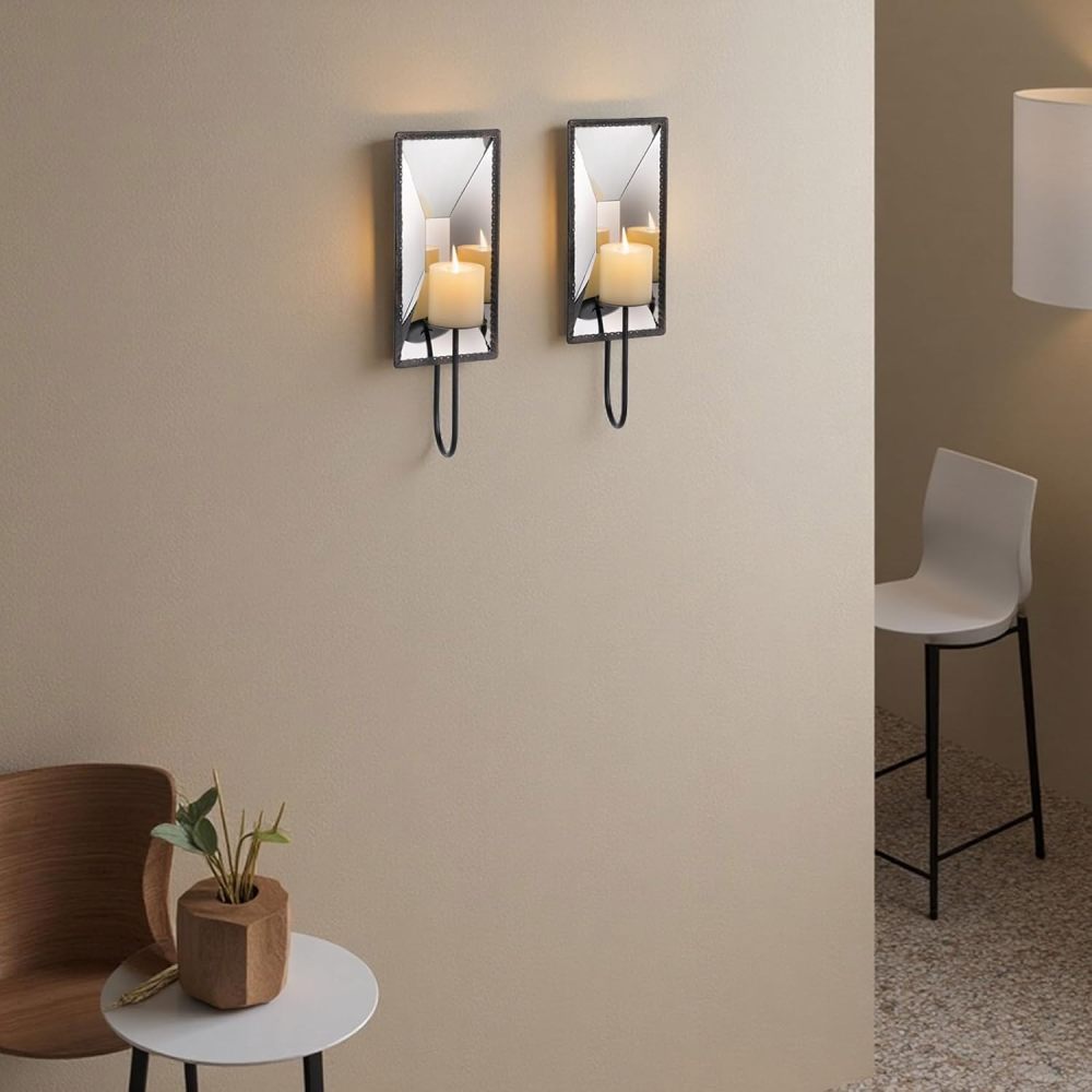 AIM & GGKK Wall Candle Sconce Holder Set of 2, Metal Mirror Candle Sconce Wall Mounted with Reflective Backplate – Rustic Farmhouse Modern Decor for Living Room, Dining Room, Hallway