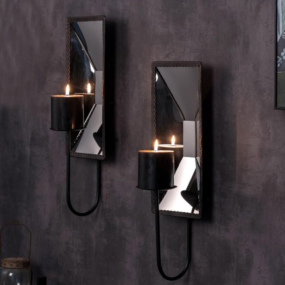 AIM & GGKK Wall Candle Sconce Holder Set of 2, Metal Mirror Candle Sconce Wall Mounted with Reflective Backplate – Rustic Farmhouse Modern Decor for Living Room, Dining Room, Hallway