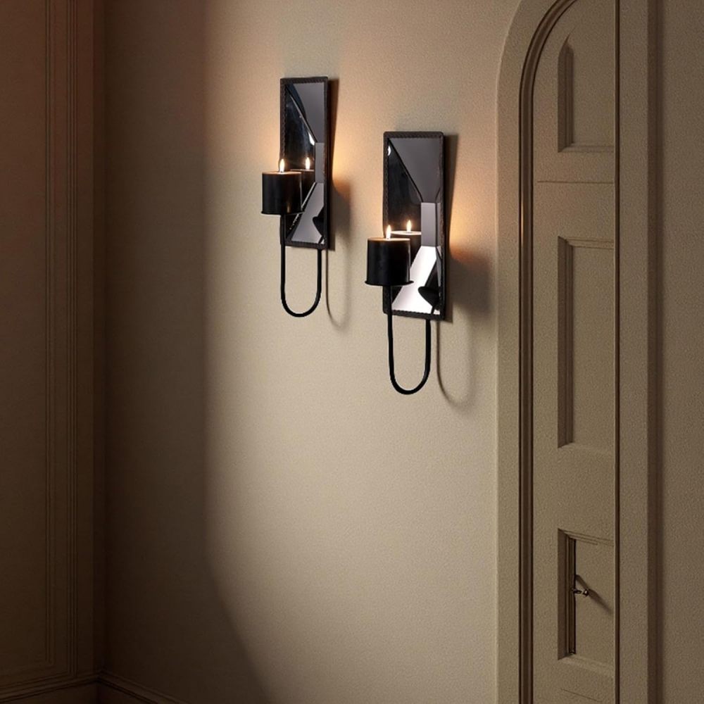 AIM & GGKK Wall Candle Sconce Holder Set of 2, Metal Mirror Candle Sconce Wall Mounted with Reflective Backplate – Rustic Farmhouse Modern Decor for Living Room, Dining Room, Hallway