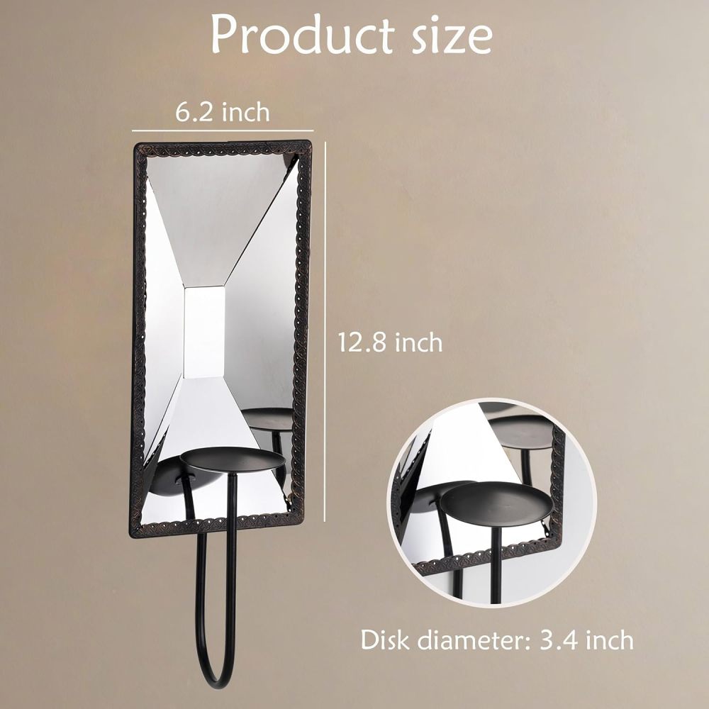 AIM & GGKK Wall Candle Sconce Holder Set of 2, Metal Mirror Candle Sconce Wall Mounted with Reflective Backplate – Rustic Farmhouse Modern Decor for Living Room, Dining Room, Hallway