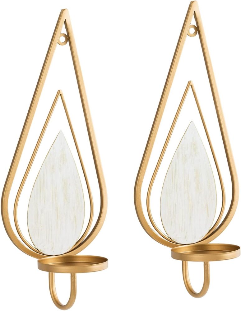ZOOYOO Gold Wall Sconce Candle Holders Set of 2 - Metal Raindrop Hanging Iron Candle Sconces for Home Decor, Bedroom, Living Room (Gold, Modern)