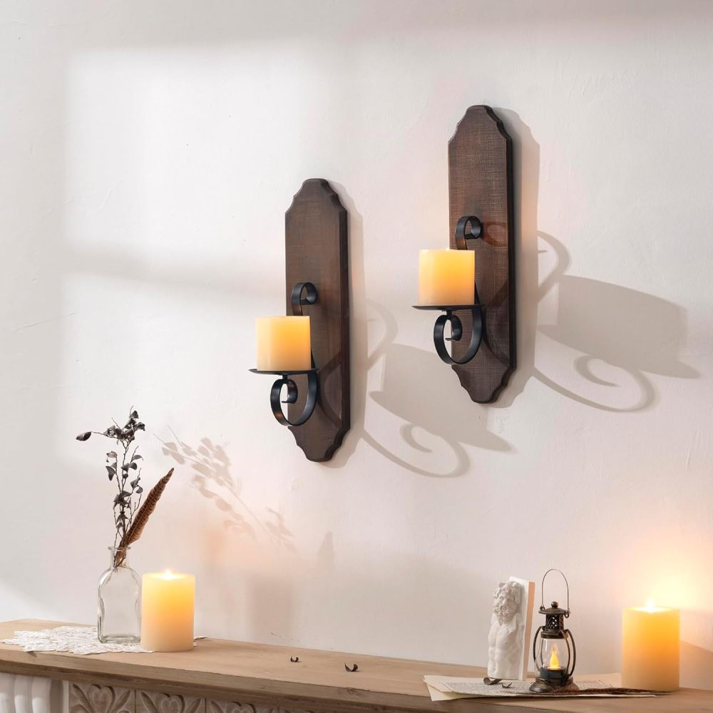 ZOOYOO Black Metal and Wooden Wall Sconce Candle Holders, Elegant Swirling Iron Wall Candle Sconce Holders, Black Hanging Wall Sconce Candle Holders, Set of 2