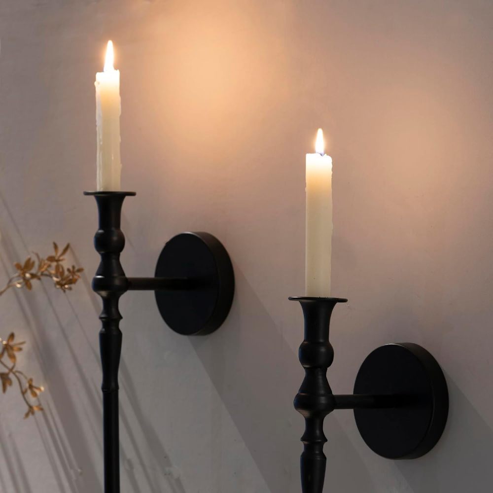 Tim&Lin Wall Sconce Candlestick Holder Set of 2, Large Black Scepter Gothic Design Metal Wall Candle Holder, Home Wall Decoration for Living Room, Bathroom, Dining Room