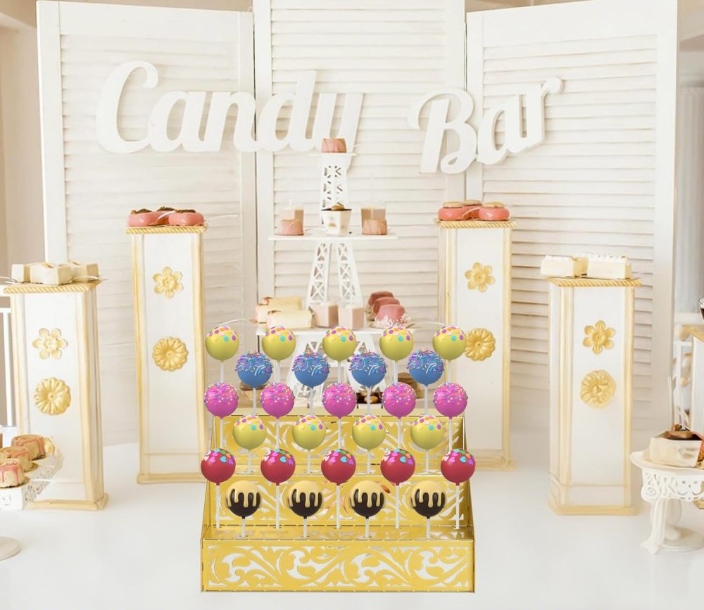 Cake Pop Stand, Gold Metal 27 Holes Lollipop Holder, Collapsible 3 Tier Cake pop sticks,cake pop stand for Drying Dessert Table of Baby Showers,Weddings, Birthday,Graduation, Party(1pack)