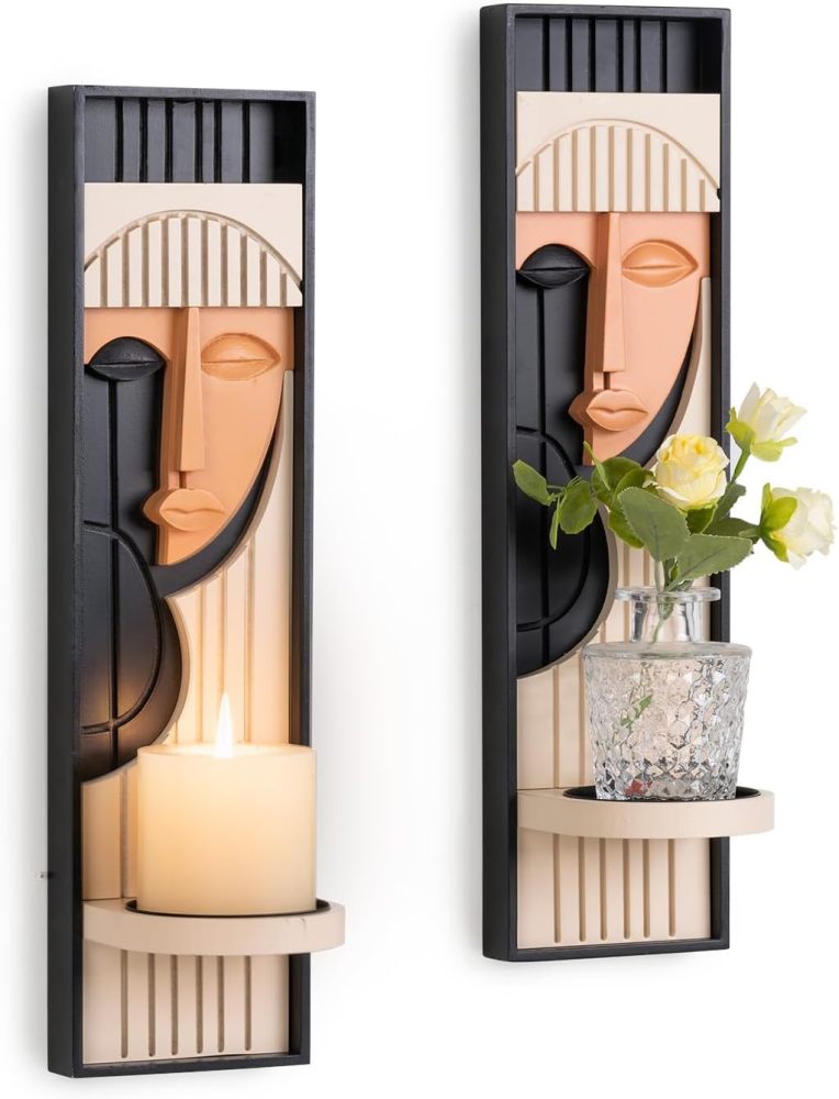 Wall Candle Holder, Abstract Face Candle Sconce Set of 2, Wall Decor for Womens Gift,Girl Bedroom Boho Decor16.5 x 4.33 Inch (Black and Pink)