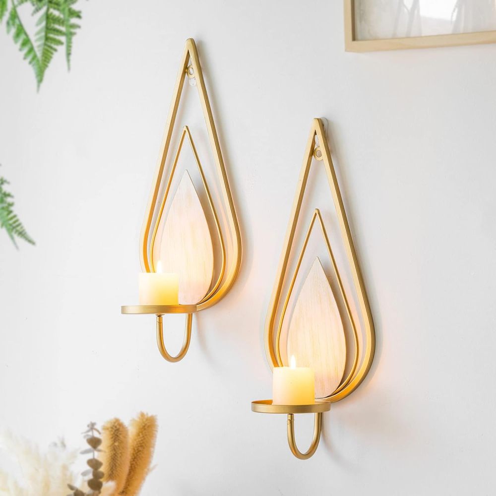 ZOOYOO Gold Wall Sconce Candle Holders Set of 2 - Metal Raindrop Hanging Iron Candle Sconces for Home Decor, Bedroom, Living Room (Gold, Modern)