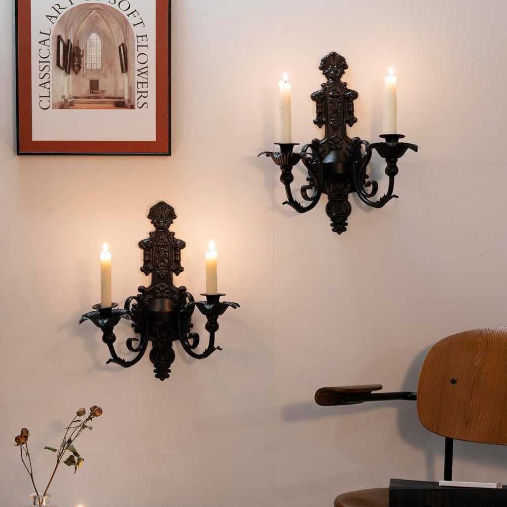 Candle Sconce(Set of 2)-Metal Wall Decorations-Rustic Home Decor-Wall Candle Sconces-Black Wall Sconces,Ideal for Stick Candles
