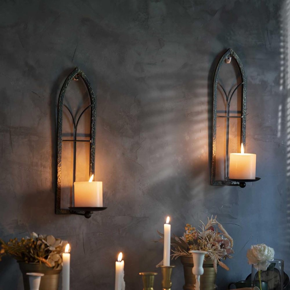 GAKA Wall Sconce Candle Holder Set of 2 - Black Gold Rustic Mount Metal Holders, Gothic Hanging Iron Sconce for Living Room, Bathroom, Dining Room, Window Styling