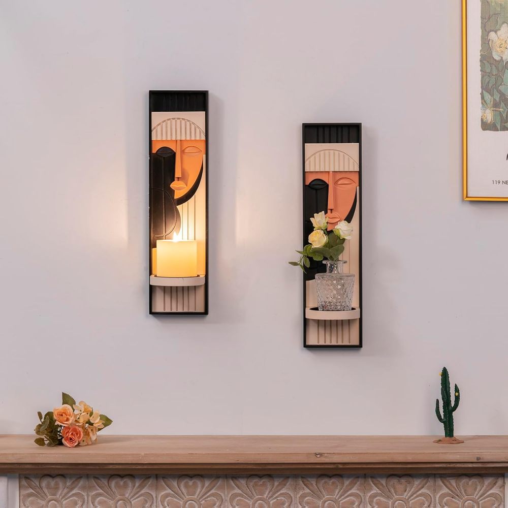 Wall Candle Holder, Abstract Face Candle Sconce Set of 2, Wall Decor for Womens Gift,Girl Bedroom Boho Decor16.5 x 4.33 Inch (Black and Pink)