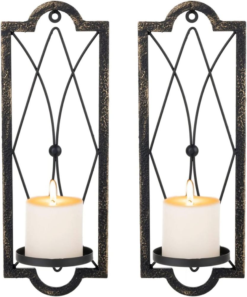 Candle Sconce(Set of 2),Metal Wall Decorations,Rustic Home Decor,Wall Candle Sconces,Gold Black Wall Sconces