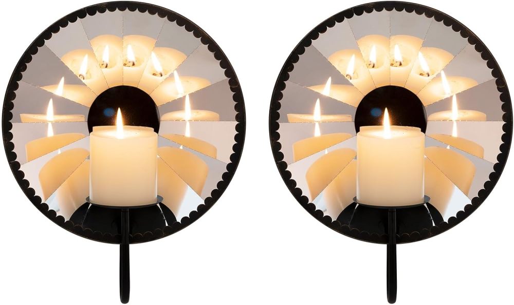Mirror and Iron Candle Sconces,Silver Wall Candle Holder Set of 2, Multi-Angle Light Reflection Wall Decor for Wall Decor Living Room，Dining Room 11.8" H x 10.8" W x 4.9" D