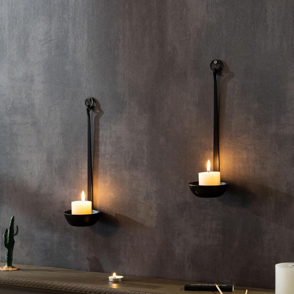 Aimto Wall Sconce Candle Holder Metal Hanging Wall Decorations for Home,Living Room, Bathroom, Dining Room, Set of 2（Black