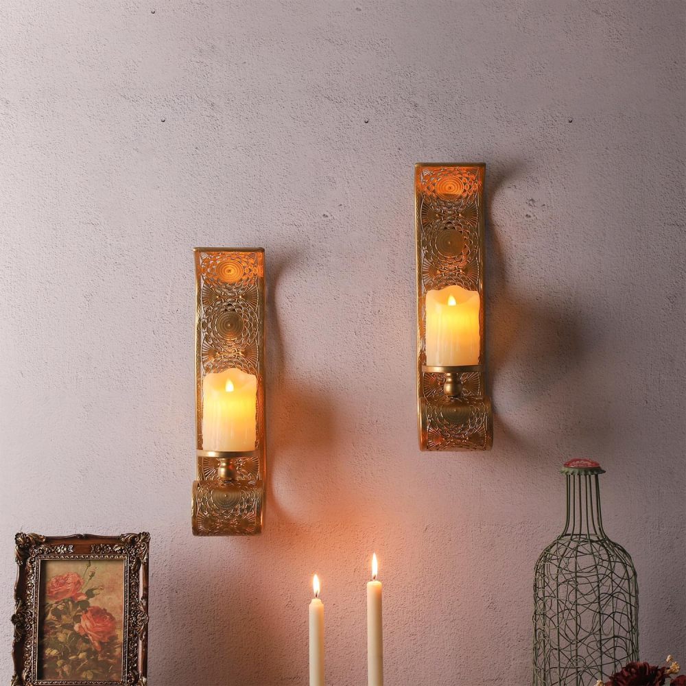 Wall Candle Sconce Set of 2,Gold Metal Wall Mount Candle Holder，Spanish Baroque Hollow Carving Wall-Mounting Sconces for Living Room, Bathroom, Dining Areas,Hallways Decorations