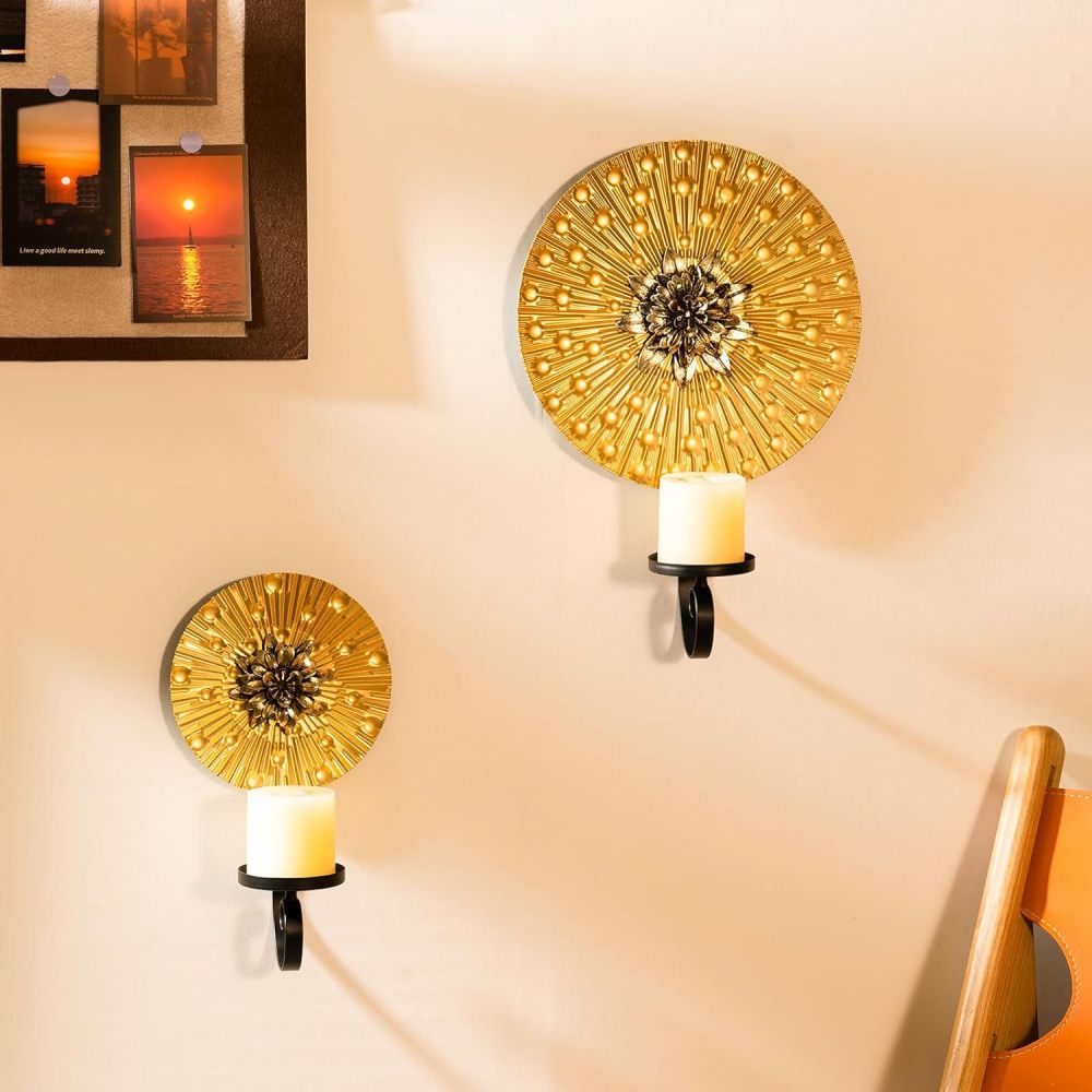 Aimto Wall Sconce Candle Holder Metal Hanging Wall Decorations for Home,Living Room, Bathroom, Dining Room, Set of 2 ，（1 Large and 1 Small Combination，Gold