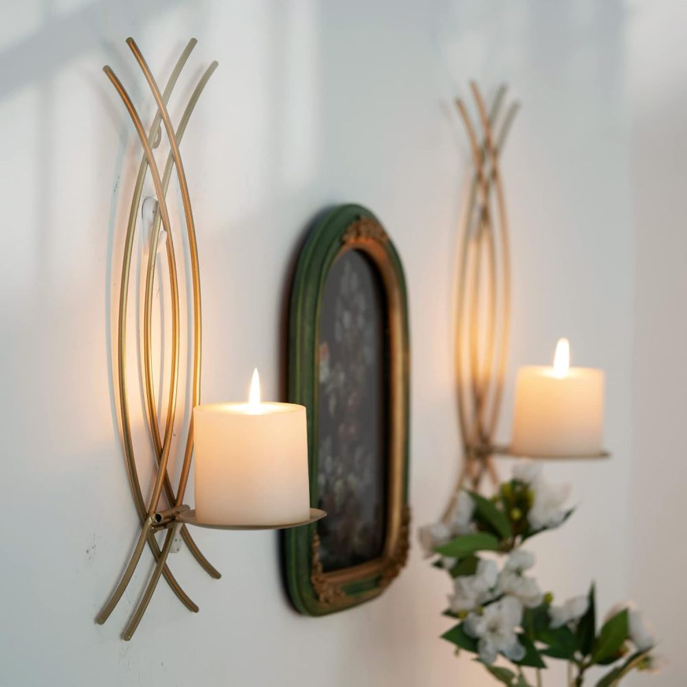 Wall Sconce Gold Wall-Mount Metal Iron Wall Candle Sconce Holder Hanging Art Home Decoration Wall Mounted Decorative Candle Holder, Set of 2