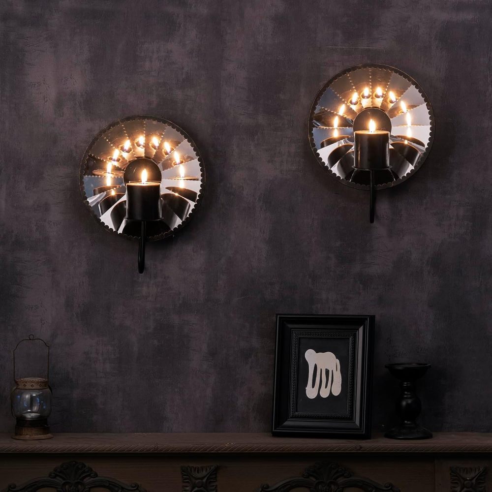 Mirror and Iron Candle Sconces,Silver Wall Candle Holder Set of 2, Multi-Angle Light Reflection Wall Decor for Wall Decor Living Room，Dining Room 11.8" H x 10.8" W x 4.9" D