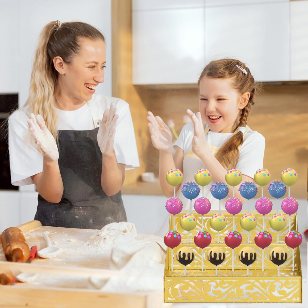 Cake Pop Stand, Gold Metal 27 Holes Lollipop Holder, Collapsible 3 Tier Cake pop sticks,cake pop stand for Drying Dessert Table of Baby Showers,Weddings, Birthday,Graduation, Party(1pack)