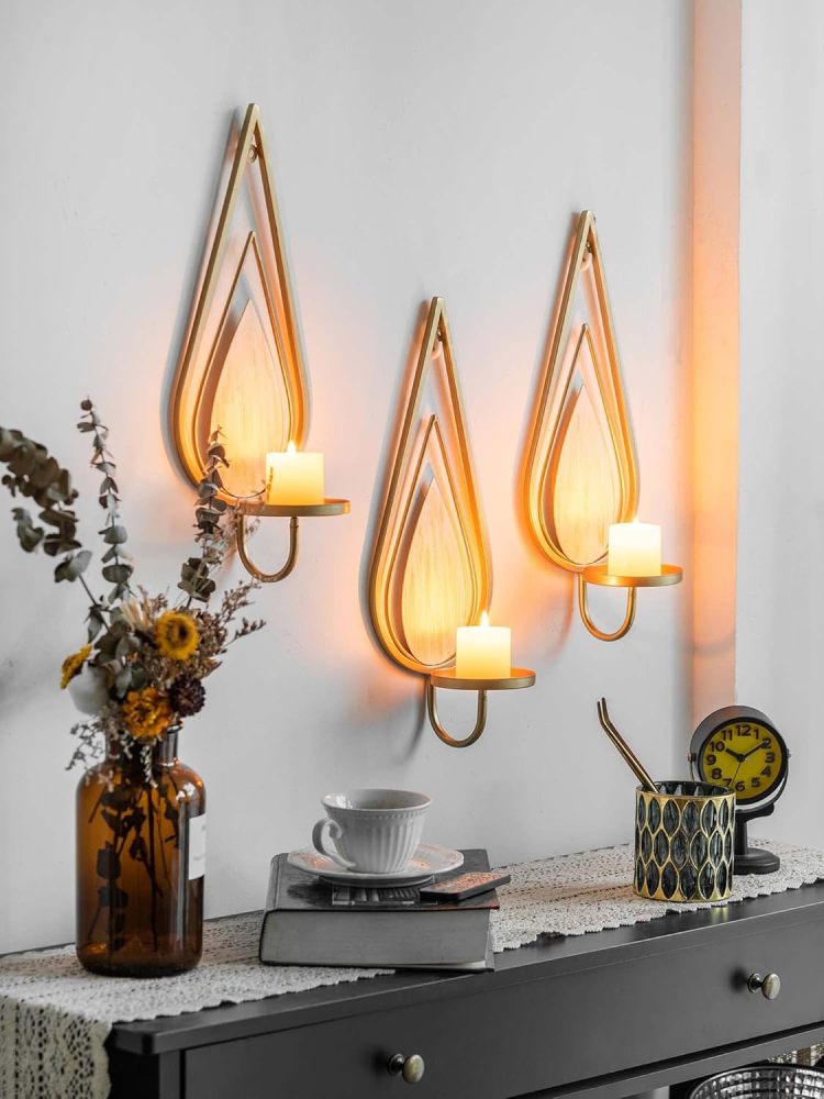 ZOOYOO Gold Wall Sconce Candle Holders Set of 2 - Metal Raindrop Hanging Iron Candle Sconces for Home Decor, Bedroom, Living Room (Gold, Modern)