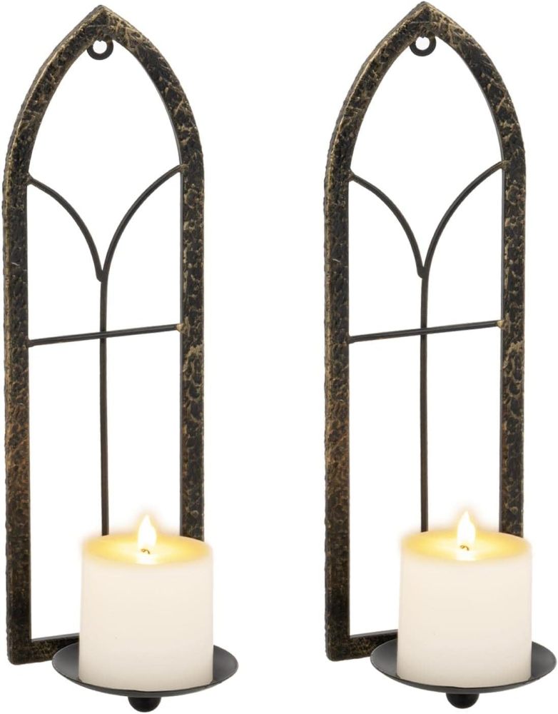 GAKA Wall Sconce Candle Holder Set of 2 - Black Gold Rustic Mount Metal Holders, Gothic Hanging Iron Sconce for Living Room, Bathroom, Dining Room, Window Styling