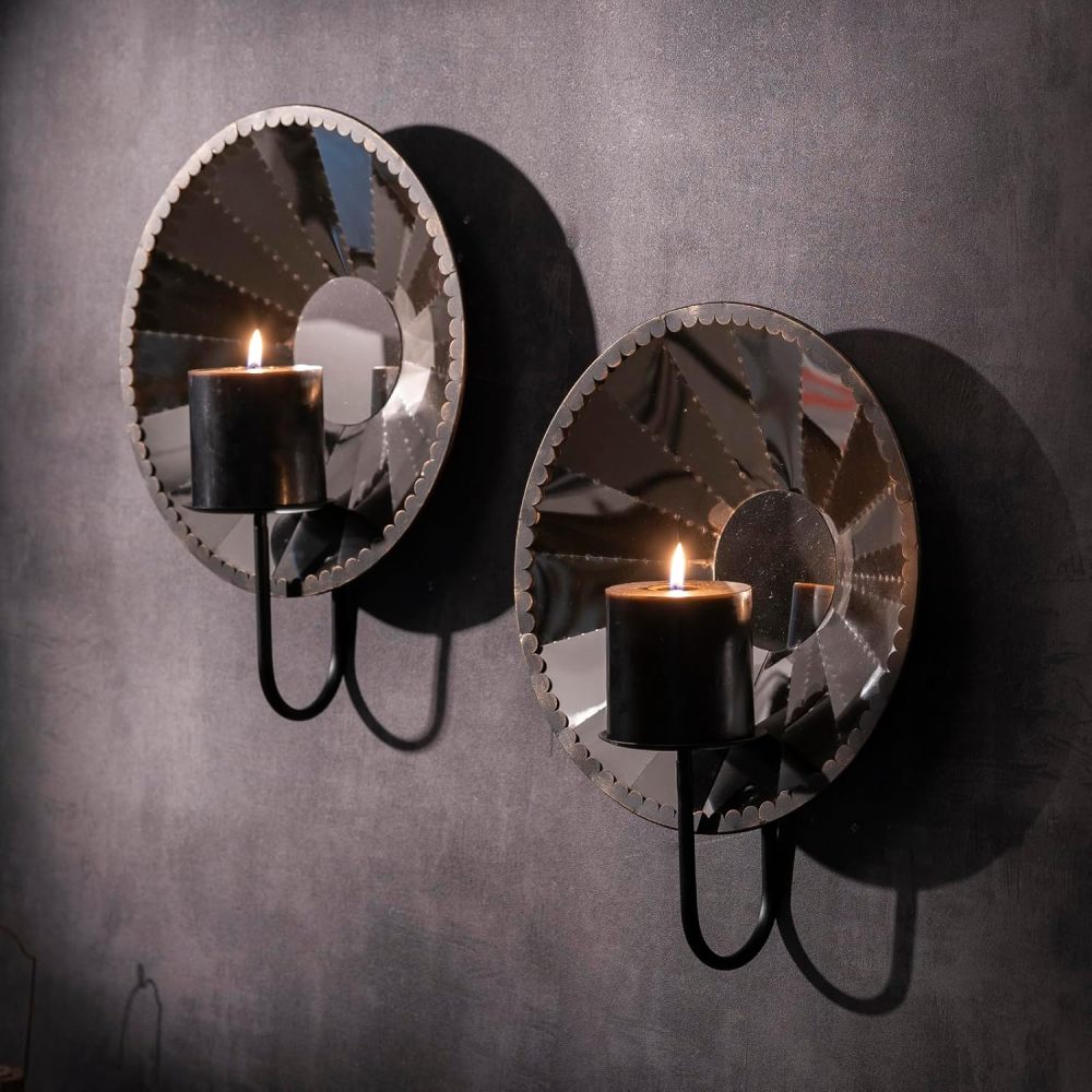 Mirror and Iron Candle Sconces,Silver Wall Candle Holder Set of 2, Multi-Angle Light Reflection Wall Decor for Wall Decor Living Room，Dining Room 11.8" H x 10.8" W x 4.9" D