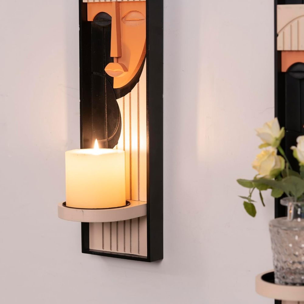 Wall Candle Holder, Abstract Face Candle Sconce Set of 2, Wall Decor for Womens Gift,Girl Bedroom Boho Decor16.5 x 4.33 Inch (Black and Pink)