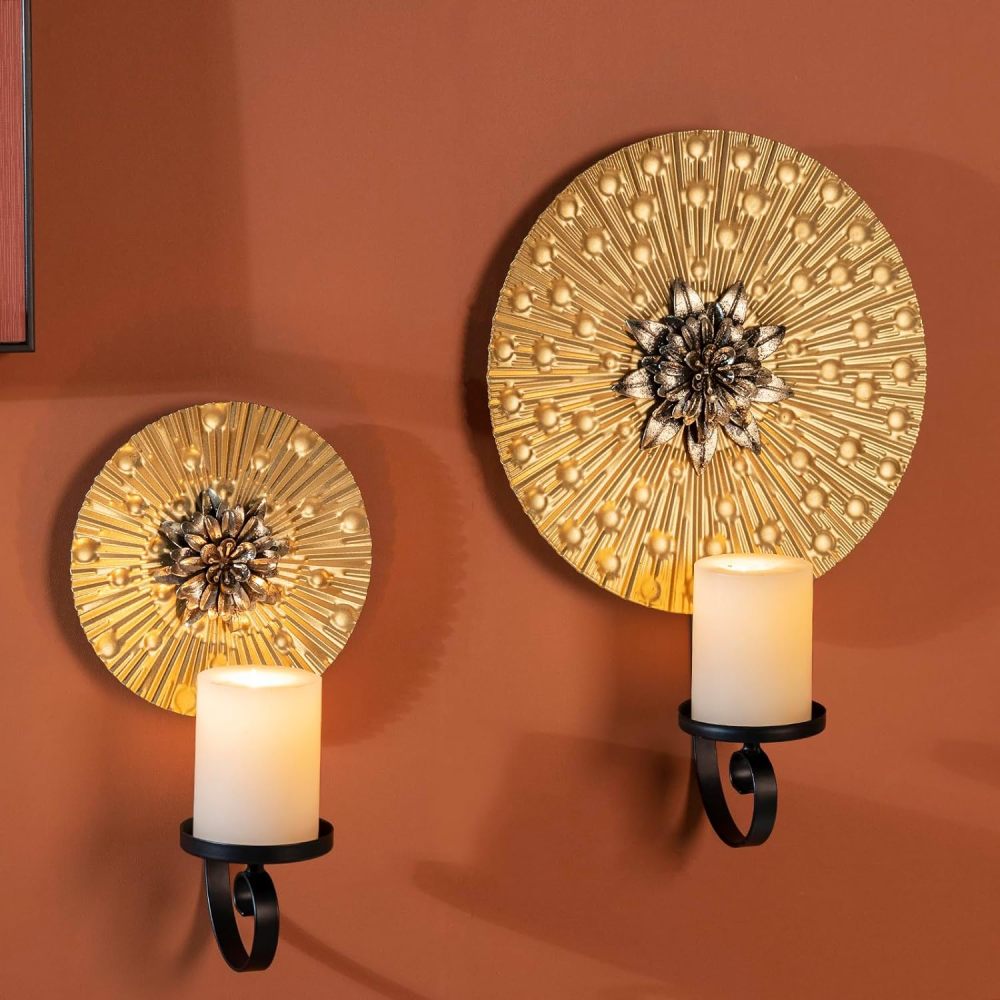 Aimto Wall Sconce Candle Holder Metal Hanging Wall Decorations for Home,Living Room, Bathroom, Dining Room, Set of 2 ，（1 Large and 1 Small Combination，Gold