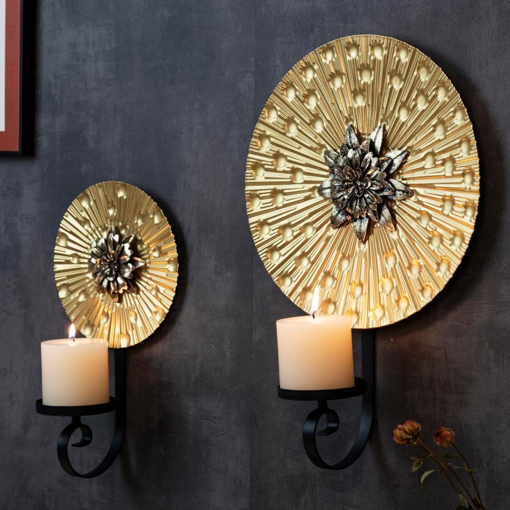 Aimto Wall Sconce Candle Holder Metal Hanging Wall Decorations for Home,Living Room, Bathroom, Dining Room, Set of 2 ，（1 Large and 1 Small Combination，Gold