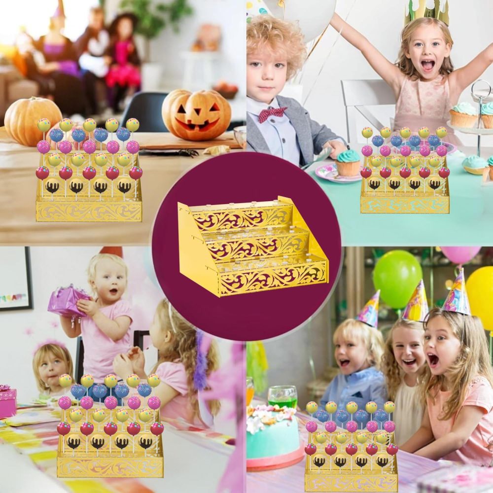 Cake Pop Stand, Gold Metal 27 Holes Lollipop Holder, Collapsible 3 Tier Cake pop sticks,cake pop stand for Drying Dessert Table of Baby Showers,Weddings, Birthday,Graduation, Party(1pack)