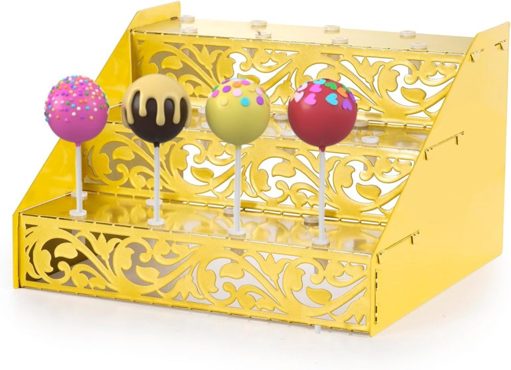 Cake Pop Stand, Gold Metal 27 Holes Lollipop Holder, Collapsible 3 Tier Cake pop sticks,cake pop stand for Drying Dessert Table of Baby Showers,Weddings, Birthday,Graduation, Party(1pack)