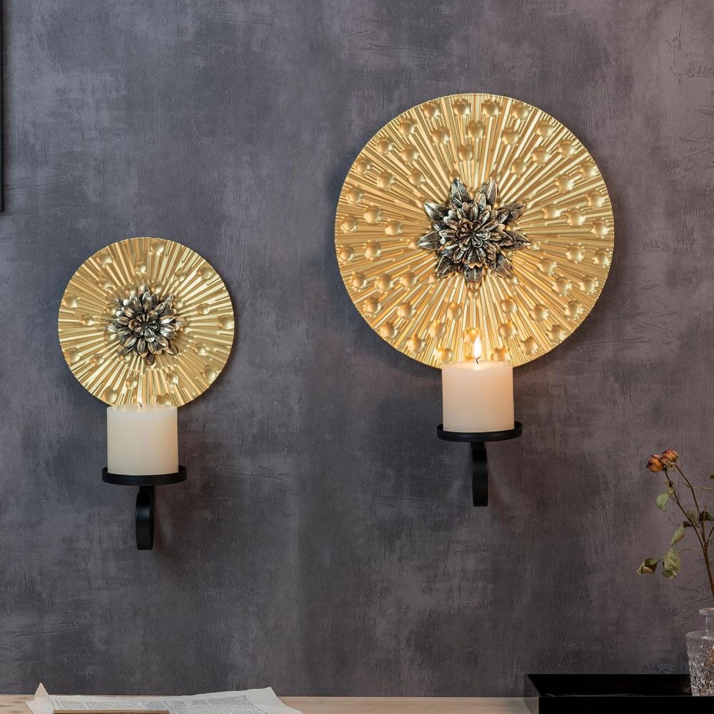 Aimto Wall Sconce Candle Holder Metal Hanging Wall Decorations for Home,Living Room, Bathroom, Dining Room, Set of 2 ，（1 Large and 1 Small Combination，Gold