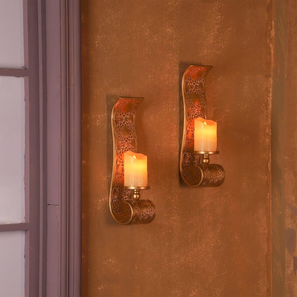 Wall Candle Sconce Set of 2,Gold Metal Wall Mount Candle Holder，Spanish Baroque Hollow Carving Wall-Mounting Sconces for Living Room, Bathroom, Dining Areas,Hallways Decorations