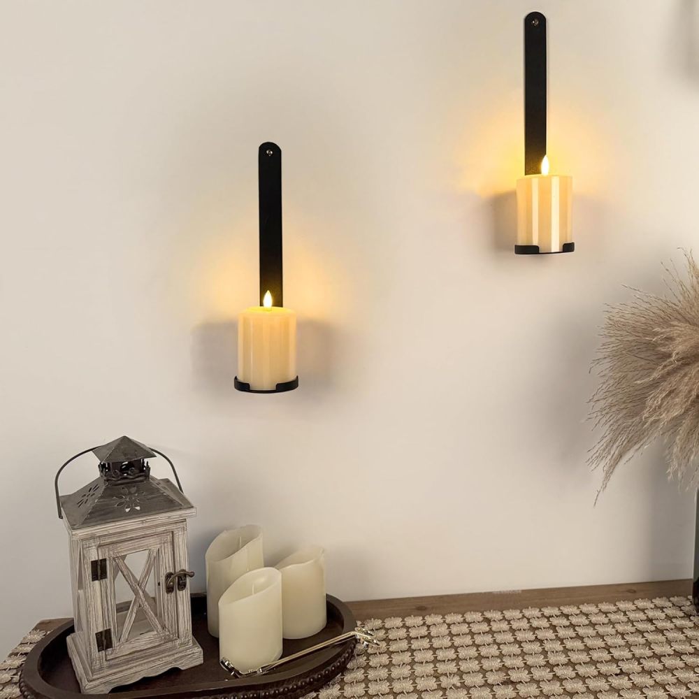 Set of 2 Wrought Iron Wall Candle Sconces - Rustic Farmhouse Candelabras with 3.07" Platform for Standard Pillar Candles, Indoor/Outdoor Gothic Dark Academia Decor (12.5" Antique Metal Holder)