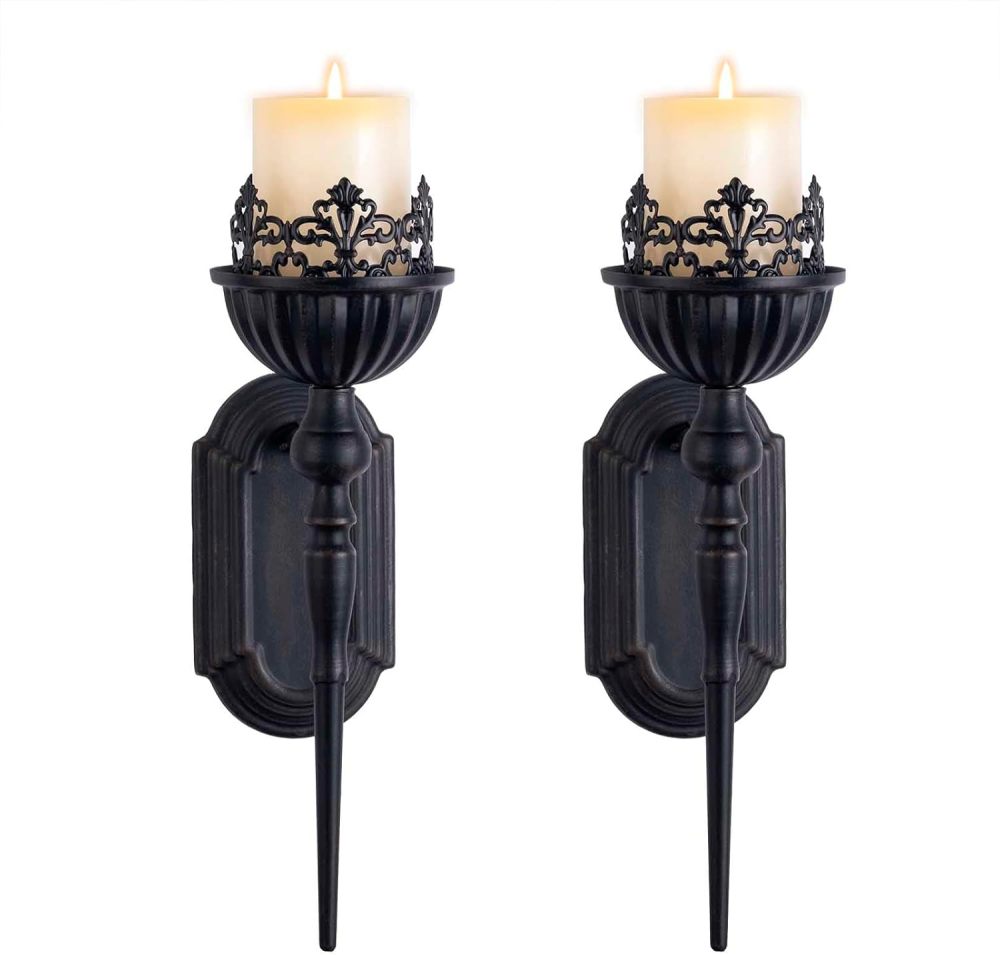 Wall Sconce Candle Holder (Set of 2) Black Crown and Scepter Design Wall-Mount Metal Candle Holders Hanging Iron Wall Candle Sconce Holder for Living Room, Bathroom, Dining Room