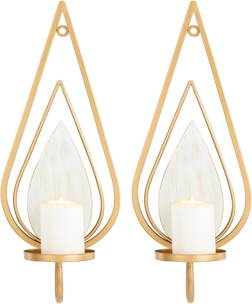ZOOYOO Gold Wall Sconce Candle Holders Set of 2 - Metal Raindrop Hanging Iron Candle Sconces for Home Decor, Bedroom, Living Room (Gold, Modern)