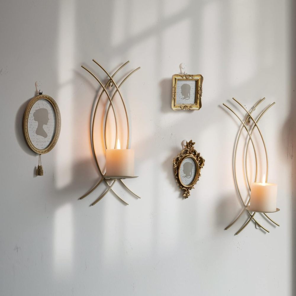 Wall Sconce Gold Wall-Mount Metal Iron Wall Candle Sconce Holder Hanging Art Home Decoration Wall Mounted Decorative Candle Holder, Set of 2
