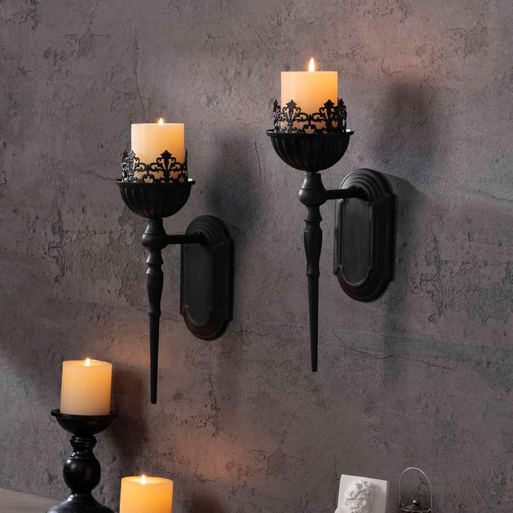 Wall Sconce Candle Holder (Set of 2) Black Crown and Scepter Design Wall-Mount Metal Candle Holders Hanging Iron Wall Candle Sconce Holder for Living Room, Bathroom, Dining Room