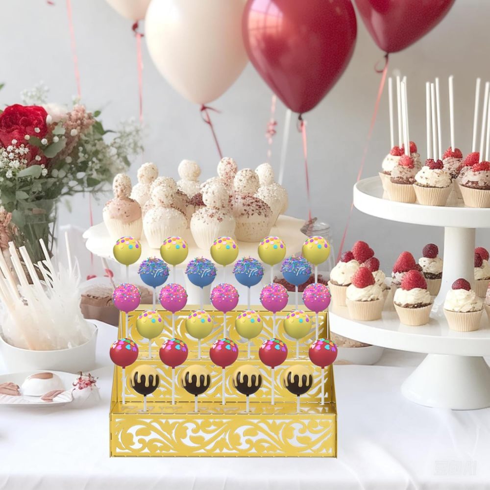 Cake Pop Stand, Gold Metal 27 Holes Lollipop Holder, Collapsible 3 Tier Cake pop sticks,cake pop stand for Drying Dessert Table of Baby Showers,Weddings, Birthday,Graduation, Party(1pack)