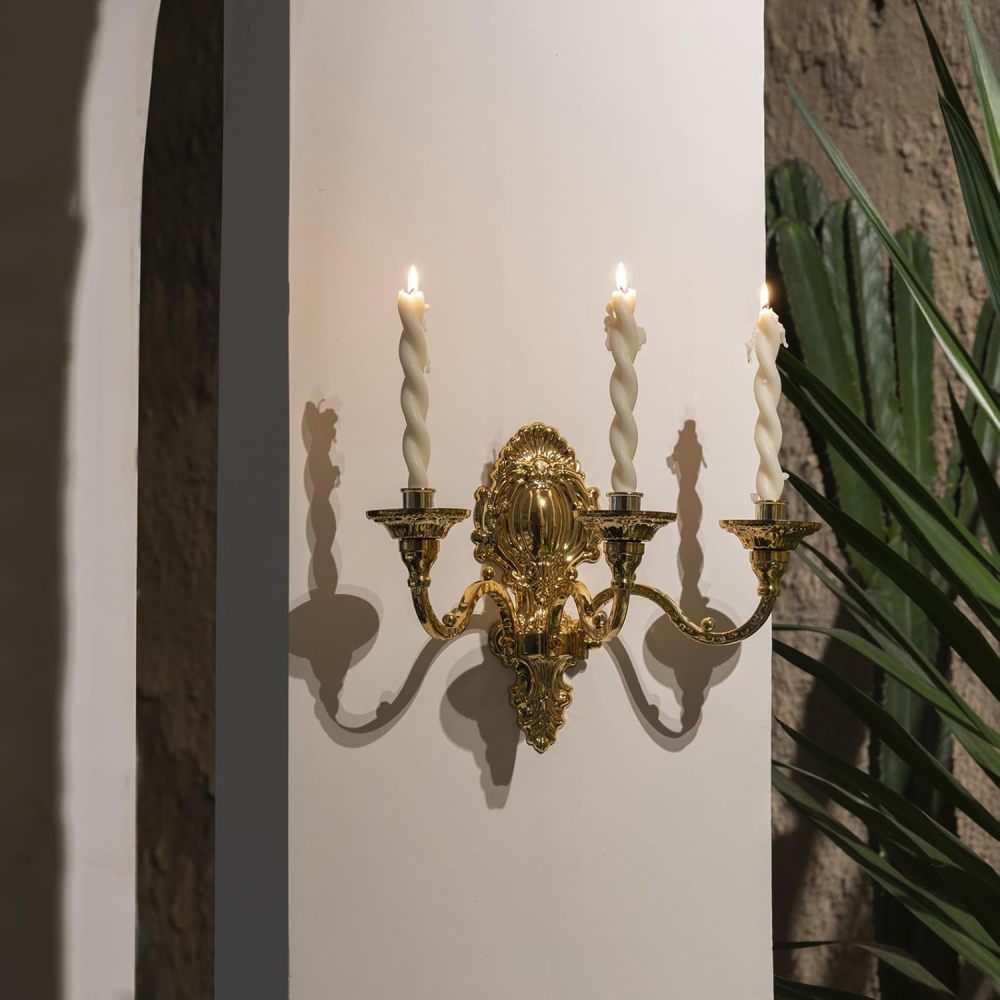 3-Candle Wall Sconces,Victorian Metal Wall Mounted Candlestick,Gold Crown Candle Holders for Tapered Candle,Gothic Antique Wall Candelabra,Brass Baroque Wall Decor for Living Rooms Hallways(1pack