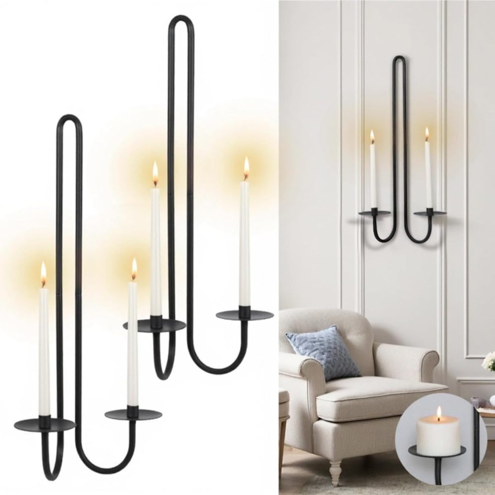 Aimto Wall Sconce Candle Holder Metal Hanging Wall Decorations for Home,Living Room, Bathroom, Dining Room, Set of 2（Black