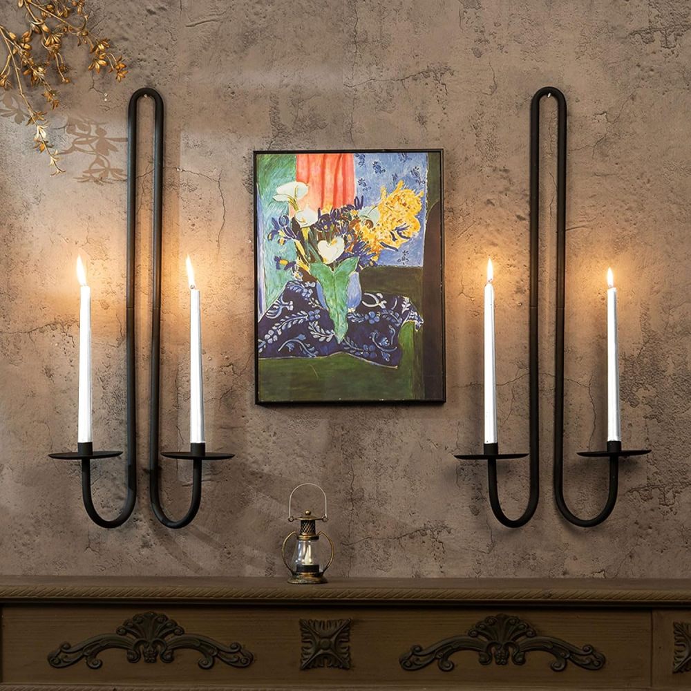 Aimto Wall Sconce Candle Holder Metal Hanging Wall Decorations for Home,Living Room, Bathroom, Dining Room, Set of 2（Black