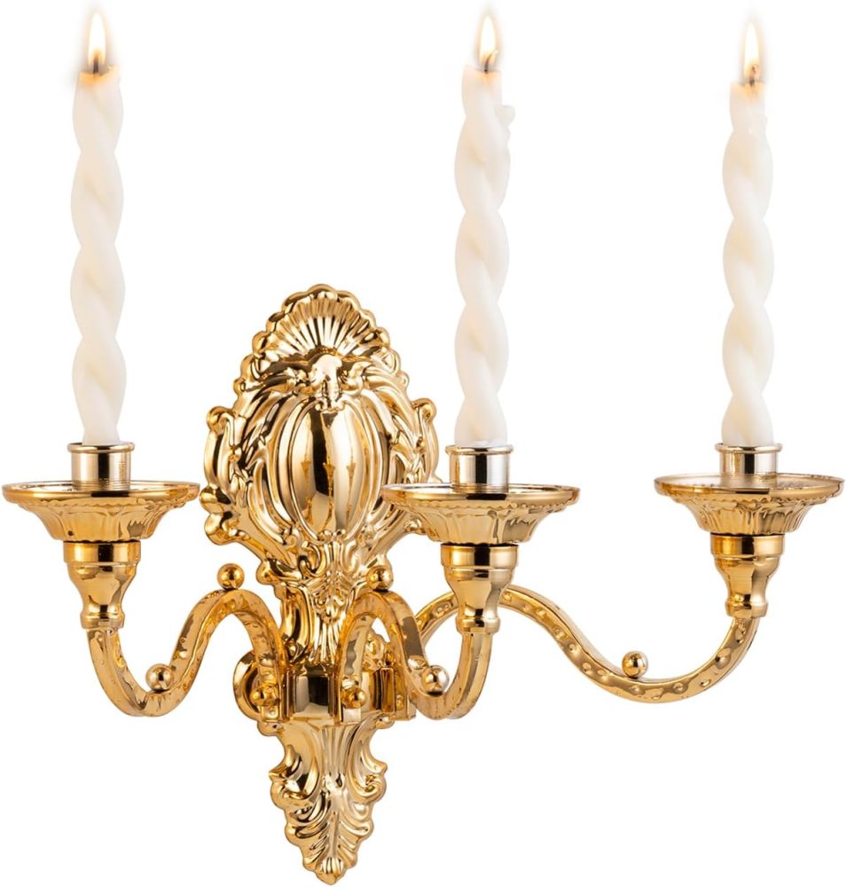 3-Candle Wall Sconces,Victorian Metal Wall Mounted Candlestick,Gold Crown Candle Holders for Tapered Candle,Gothic Antique Wall Candelabra,Brass Baroque Wall Decor for Living Rooms Hallways(1pack