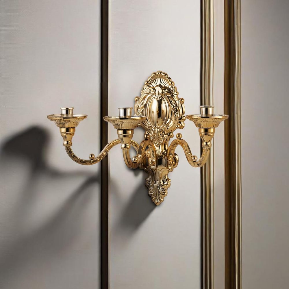 3-Candle Wall Sconces,Victorian Metal Wall Mounted Candlestick,Gold Crown Candle Holders for Tapered Candle,Gothic Antique Wall Candelabra,Brass Baroque Wall Decor for Living Rooms Hallways(1pack