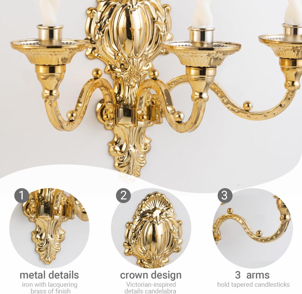 3-Candle Wall Sconces,Victorian Metal Wall Mounted Candlestick,Gold Crown Candle Holders for Tapered Candle,Gothic Antique Wall Candelabra,Brass Baroque Wall Decor for Living Rooms Hallways(1pack