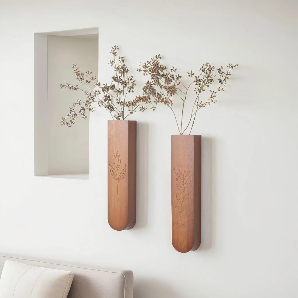 Wood Wall Vase Set of 2, 11.6 x 2.52 x 1.37 inch for Dried Flowers and Faux Greenery Plants for Bathroom,Kitchen,Farmhouse,Dining Room Wall Decor