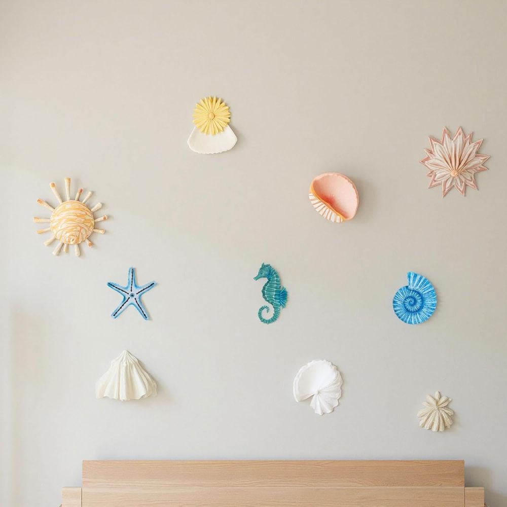 AIM & GGKK 3D Art Ocean Beach Wall Decor Coastal Decorations Sets with Starfish, Seahorse,Conch for Bedroom Bathroom Livingroom Beach House